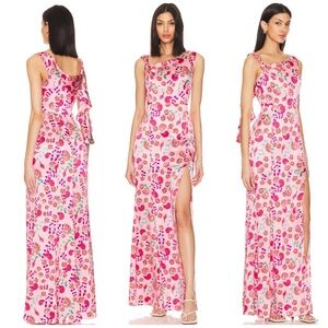 Saloni Leona Printed Silk Asymmetric Neck Maxi Gown Ammonite Rose - Size US 4